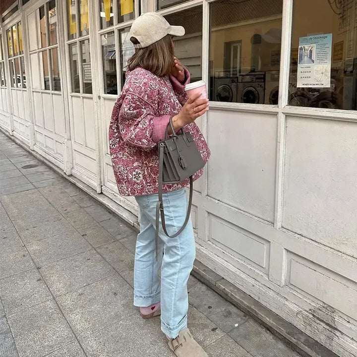 Giacca trapuntata con stampa floreale retrò da strada