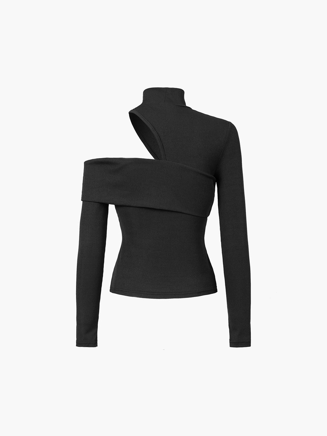 Mockneck Oblique Cutout Rib Long Sleeve Knit Top