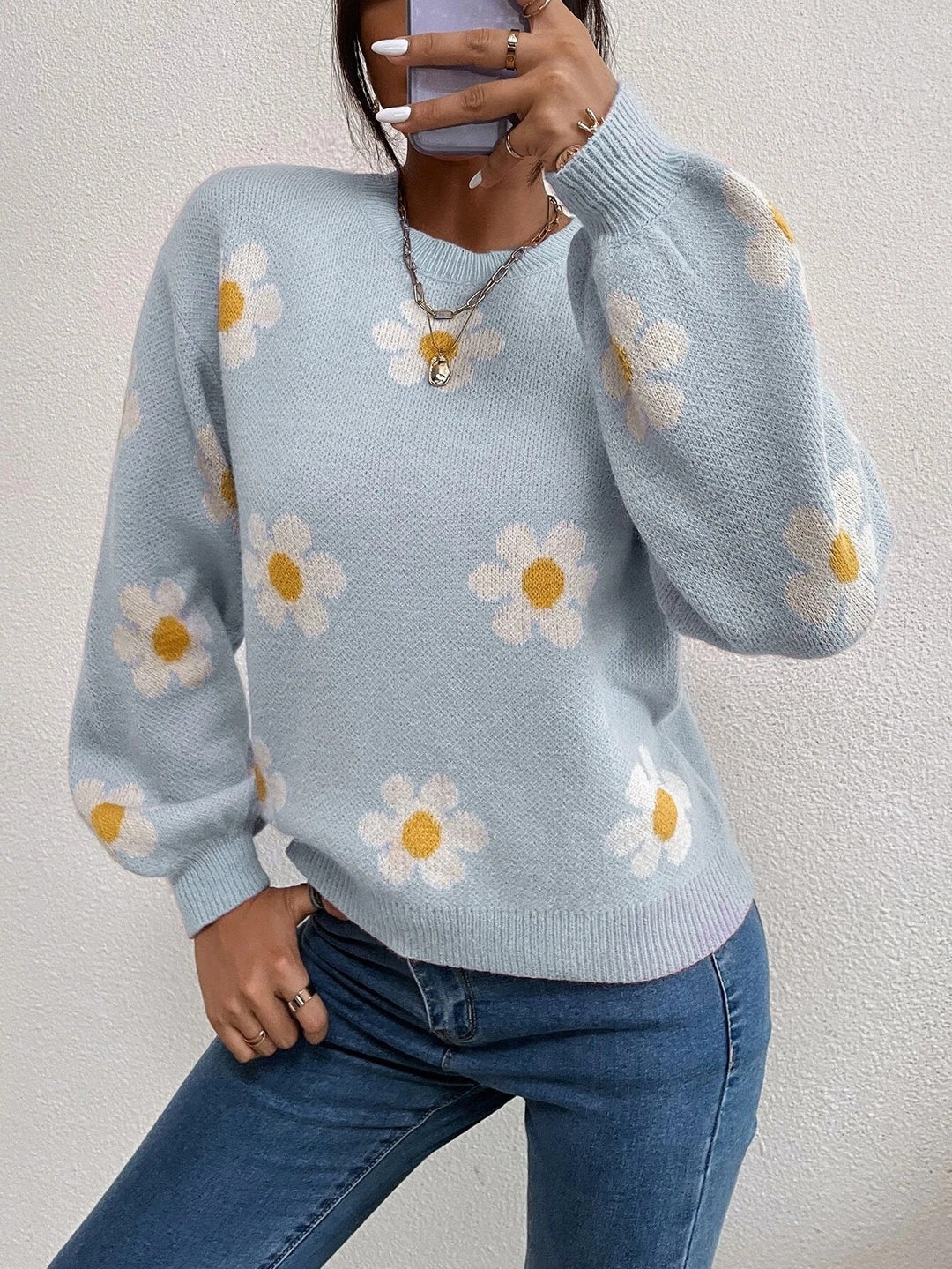 Jacquard-Strickpullover mit Blumenmuster und Rundhalsausschnitt für Damen