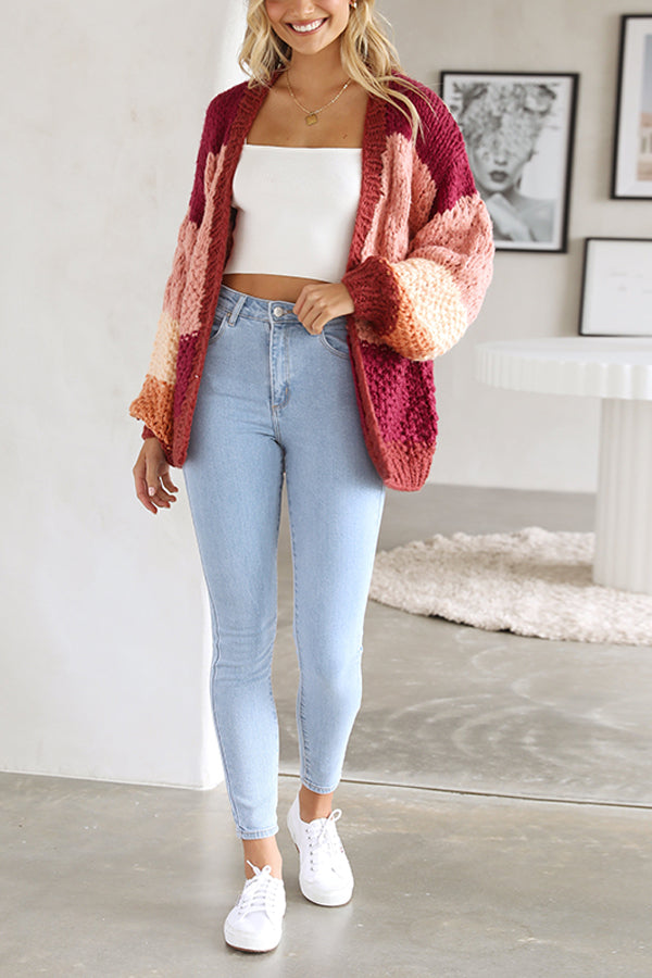 Red Striped Casual Knit Cardigan