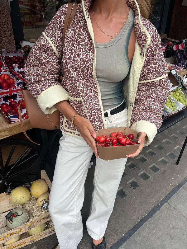 Veste à épaules tombantes en coton avec petit imprimé floral et pince de poche - Violet