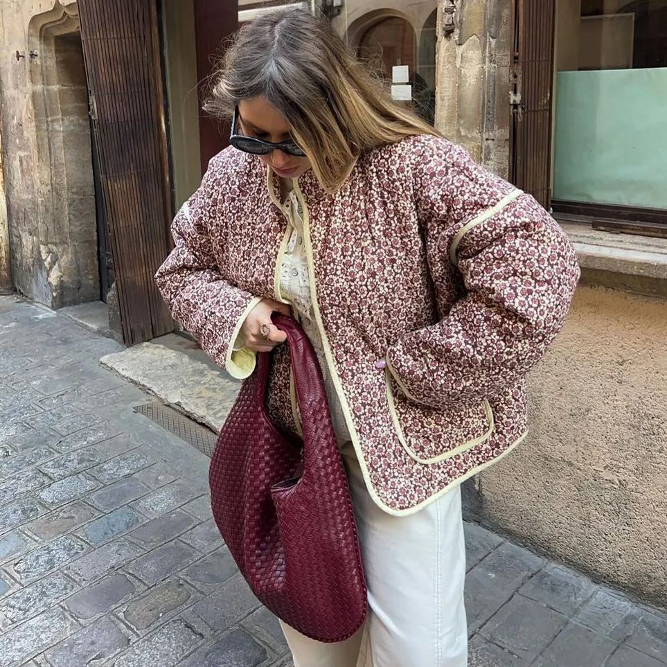 Veste à épaules tombantes en coton avec petit imprimé floral et pince de poche - Violet