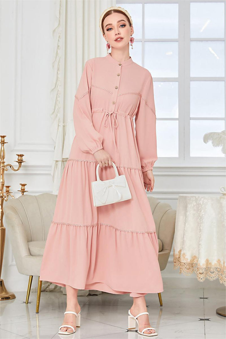 Long Sleeve Lace Up Midi Dress Pink