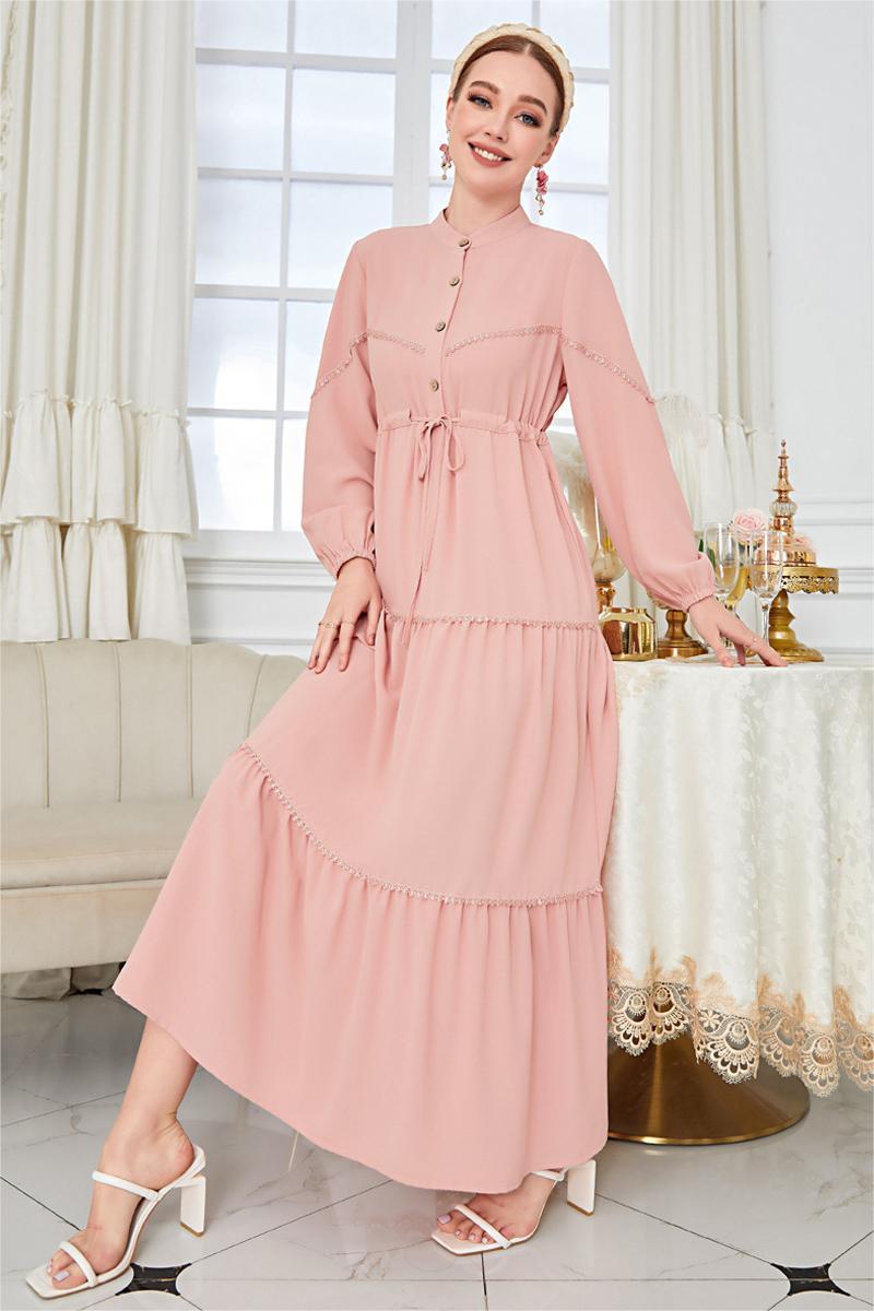 Long Sleeve Lace Up Midi Dress Pink