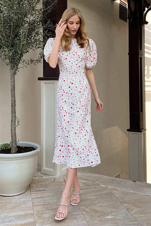 Printed Puff Sleeve Round Collar Slim-fit Waist Midi Dress