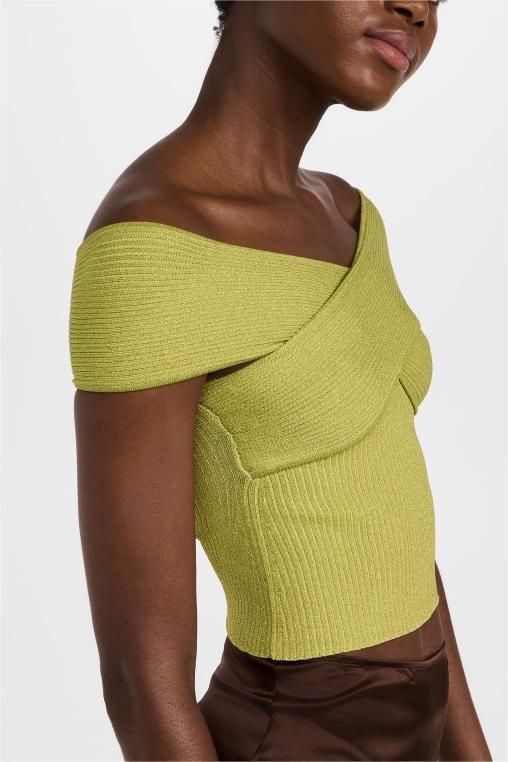 Knit Off-Shoulder Slim Top Green