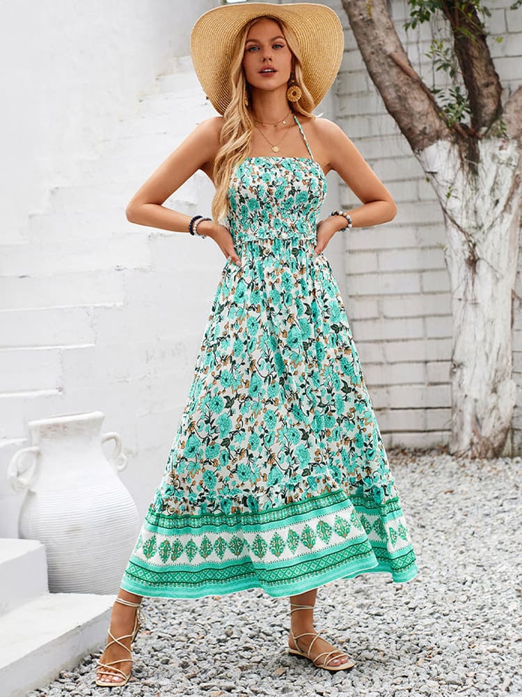 Floral Print Smocked Chest Halter Neck Midi Dress