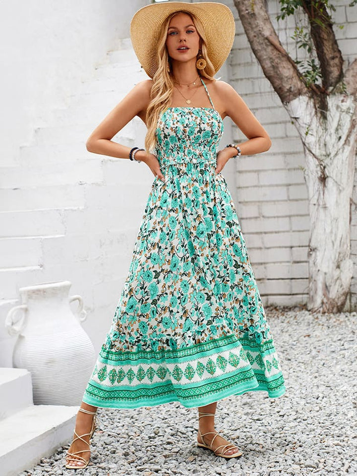 Floral Print Smocked Chest Halter Neck Midi Dress